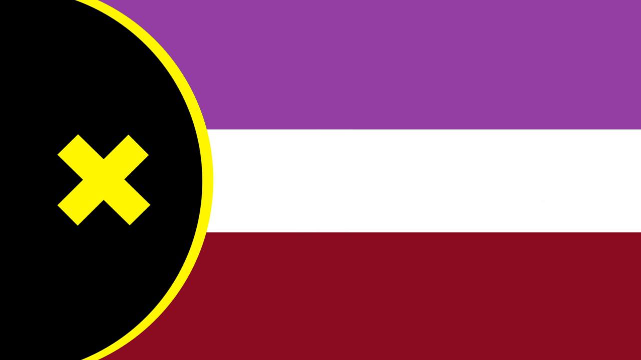 This is the first version of the Manburg flag. It retains some design from the old one. The top blue stripe is now purple, and the two X's in the middle white stripe have been removed. Otherwise, the flag remains the same.